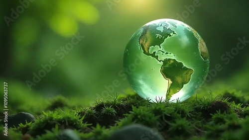Glowing glass planet earth on green natural background, ecology concept