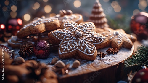 A charming holiday scene featuring gingerbread cookies in various stages of decoration, with ginger powder, cloves, molasses, and sugar icing arranged beautifully with festive ornaments, hd quality, photo