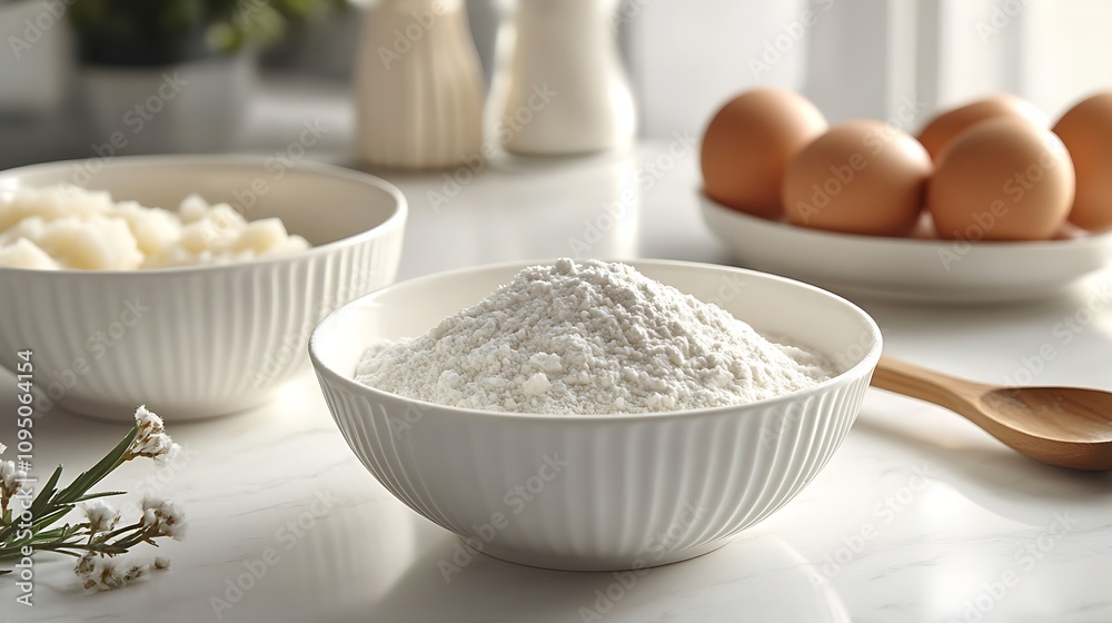 A clean and elegant composition of white bowls with flour, sugar, and eggs, accompanied by a wooden spoon on a bright white countertop with subtle texture and minimalist ambiance, hd quality, A clean and elegant composition of white bowls with flour, sugar, and eggs, accompanied by a wooden spoon on a bright white countertop with subtle texture and minimalist ambiance, hd quality,