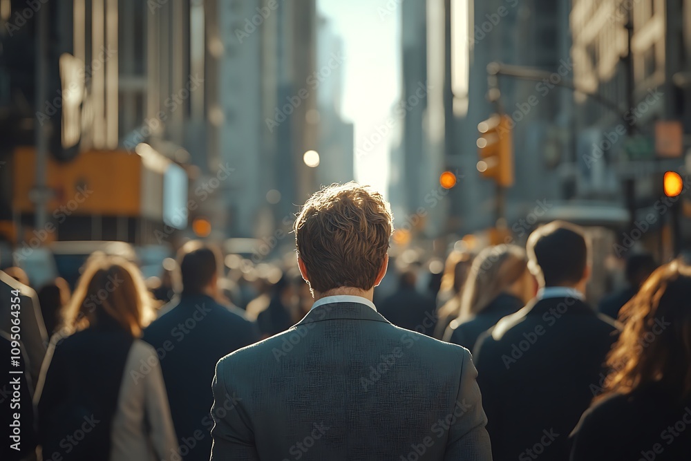 Dark-Haired Businessman Commutes City Street Blurred Background Dark-Haired Businessman Commutes City Street Blurred Background