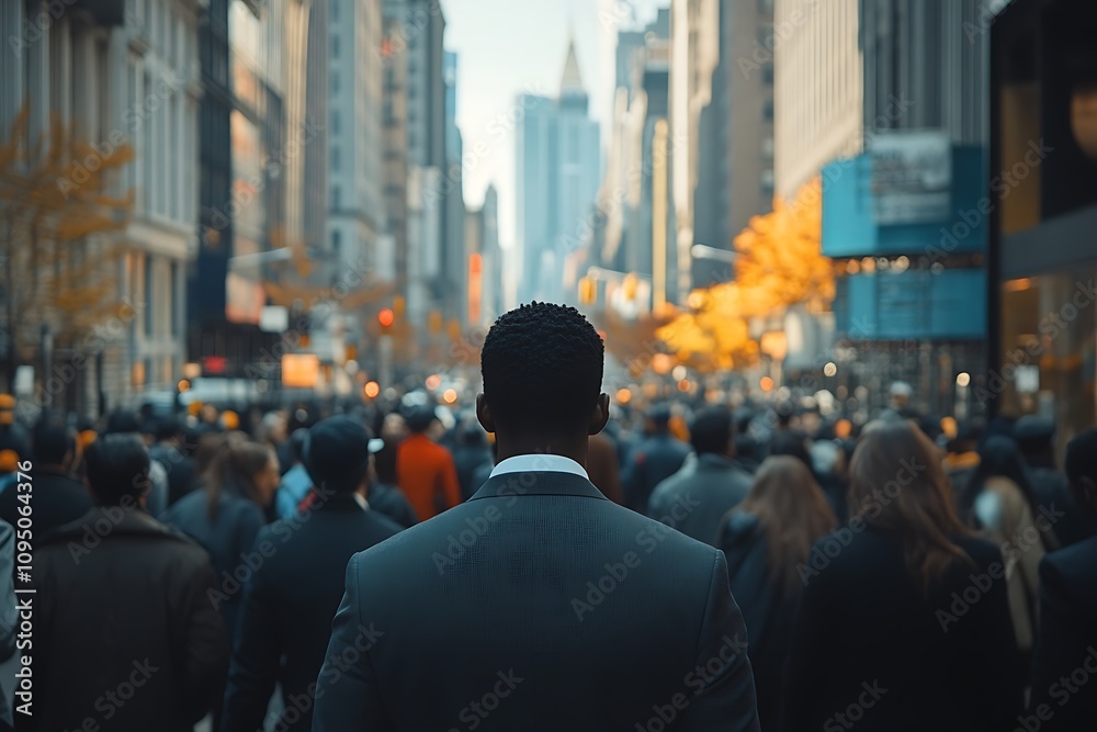 Dark-haired Businessman Commutes City Street Perspective Dark-haired Businessman Commutes City Street Perspective