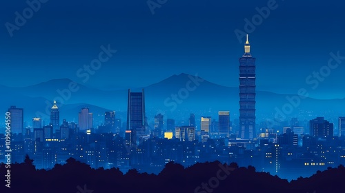 A vibrant illustration of the night view of Taiwan's skyline, including the incredibly tall buildings that soar over the mountains and sea