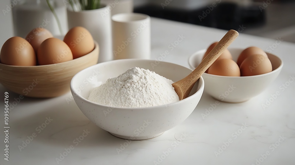 A clean overhead shot of white bowls with flour, sugar, eggs, and a wooden spoon, styled in a perfectly aligned composition on a sleek white kitchen counter, with ambient natural lighting, hd quality,