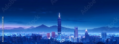 A vibrant illustration of the night view of Taiwan's skyline, including the incredibly tall buildings that soar over the mountains and sea