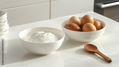 A clean overhead shot of white bowls with flour, sugar, eggs, and a wooden spoon, styled in a perfectly aligned composition on a sleek white kitchen counter, with ambient natural lighting, hd quality, photo