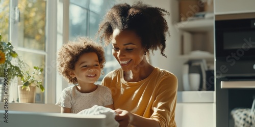 A joyful moment between a mother and child. They are sharing smiles and love in a bright kitchen. This image captures a warm, inviting family atmosphere. Perfect for family and parenting themes. AI photo