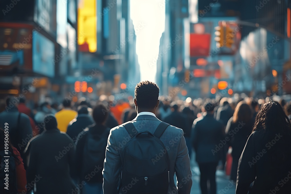 Dark-haired Businessman in Grey Jacket, Busy City Street Commute Dark-haired Businessman in Grey Jacket, Busy City Street Commute