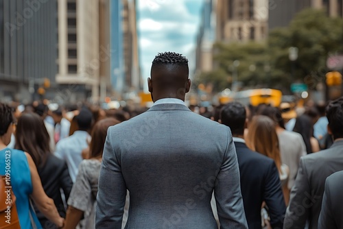 Dark-haired Businessman in Suit, Dense Urban Crowd POV