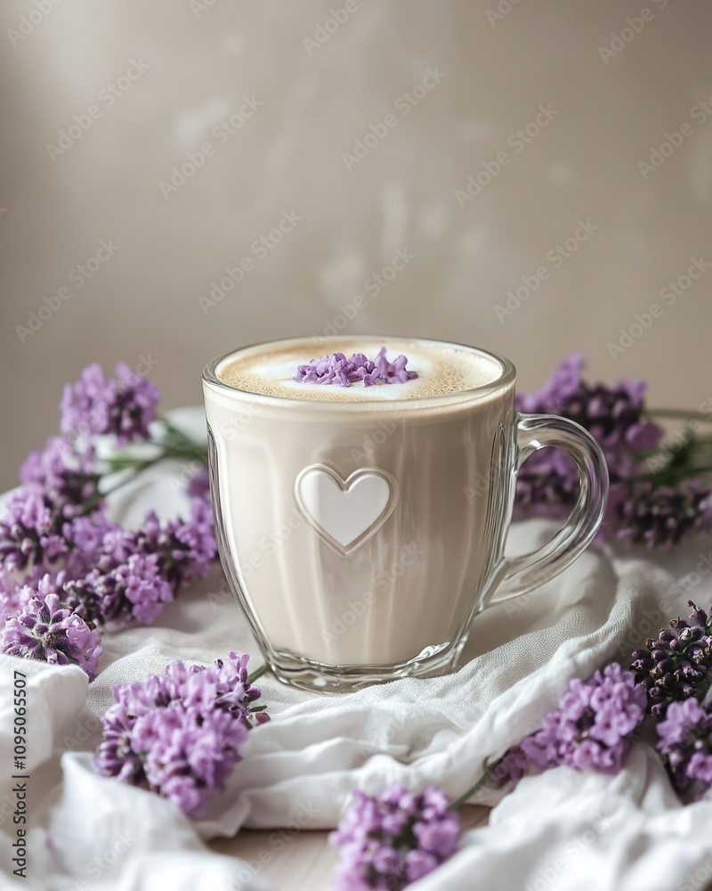 a lavender latte in glass with heart design, sitting on light brown table cloth surrounded by purple flowers and white linen napkin, background is cream color wall, text a lavender latte in glass with heart design, sitting on light brown table cloth surrounded by purple flowers and white linen napkin, background is cream color wall, text