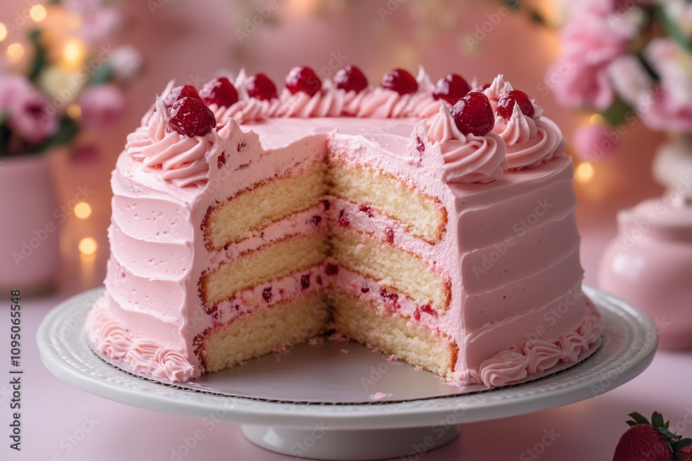 Delicious Four-Layer Strawberry Cake with Creamy Pink Frosting and Fresh Berry Garnish on a Decorative White Plate
