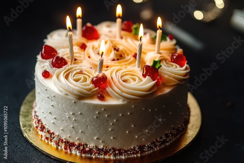 A classic birthday cake with white frosting and lit candles, perfect for celebrating special occasions