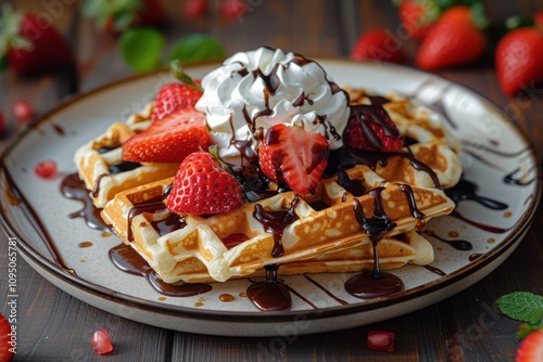 Waffle with strawberries and chocolate sauce on it, food background photo