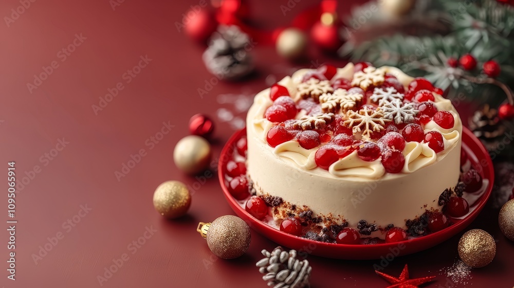 Festive Christmas cake surrounded by cheerful decorations on a vibrant red background Happy New Year concept celebration banner Festive Christmas cake surrounded by cheerful decorations on a vibrant red background Happy New Year concept celebration banner