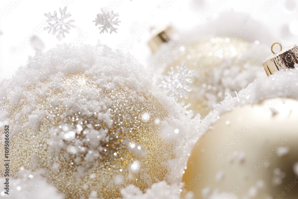 Close-up shot of a Christmas ornament buried in snow