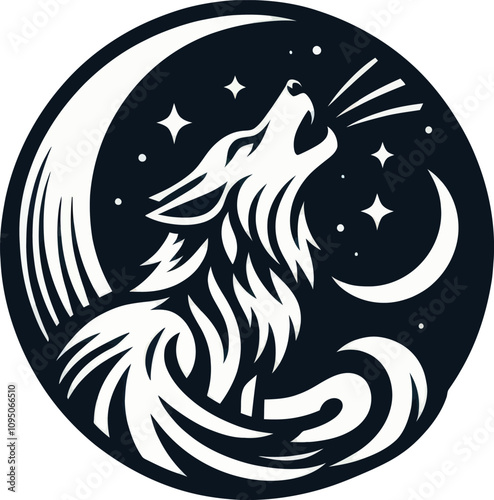 Wolf howling at moon Adobe Illustrator Artwork