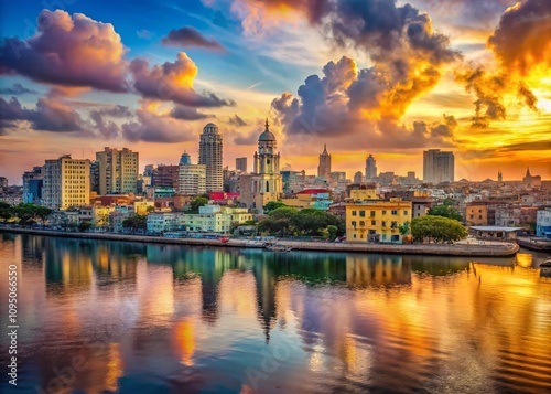 Panoramic View of Macua's Skyline at Sunset with Colorful Skyscrapers, Historic Architecture, and Serene Waters, Capturing the Unique Blend of Culture and Modernity in Stunning Detail