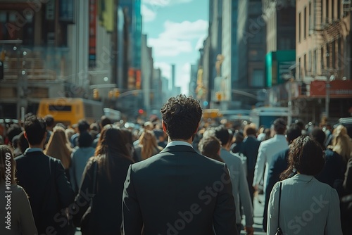 Dark-Haired Man in Gray Suit, Sunlit City Street Commute