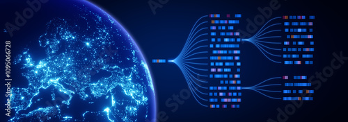 AI-driven data technology in a global network: illustration of big data, analytics, workflow and automation, showcasing a large language model transforming data stream with innovation and precision.