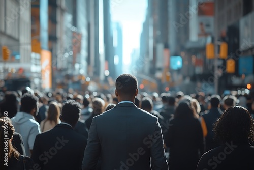 Dark-Haired Man in Suit, Urban Commute Bright Sunlight, Big City Crowd