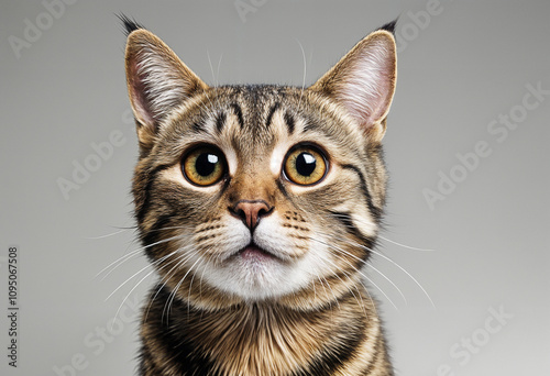 A tabby cat stares directly ahead with wide eyes.