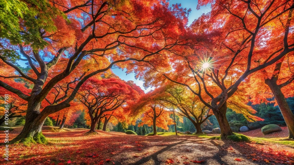 Panoramic View of Vibrant Japanese Maple Trees in Autumn, Capturing the Rich Colors of Red and Orange Leaves Under a Clear Blue Sky, Perfect for Nature and Landscape Photography Panoramic View of Vibrant Japanese Maple Trees in Autumn, Capturing the Rich Colors of Red and Orange Leaves Under a Clear Blue Sky, Perfect for Nature and Landscape Photography