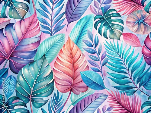 Pastel Tropical Leaves in Soft Pink, Blue, Mint, Turquoise, and Purple – Exotic Pattern Background for Luxury Mural Design and Textured Watercolor Art