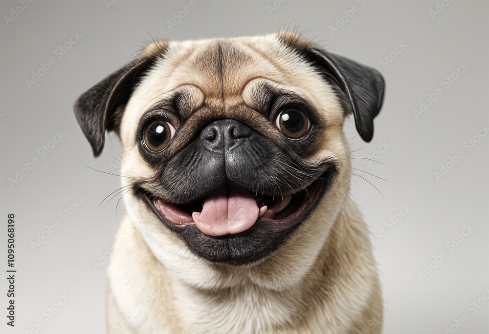 Happy fawn pug dog happily poses for a photo. Happy fawn pug dog happily poses for a photo.