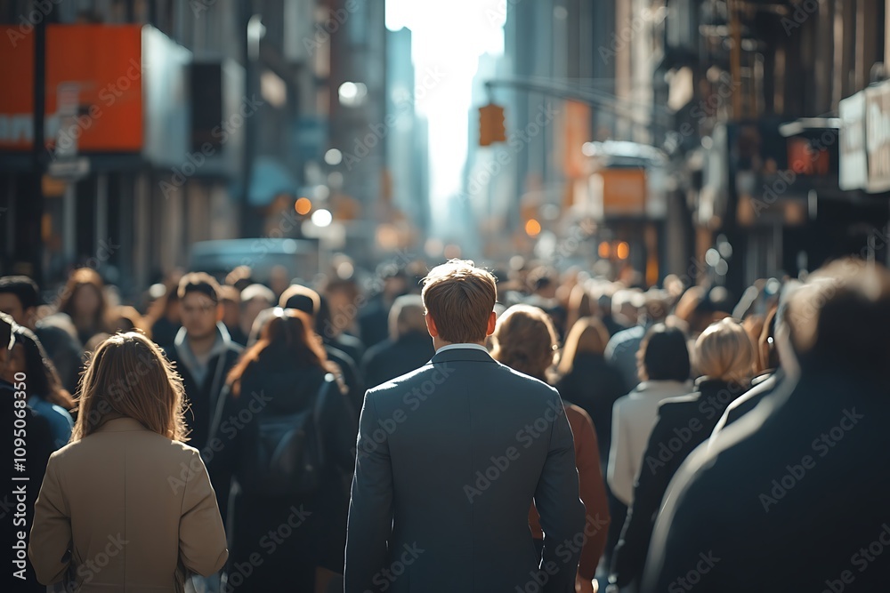 Dark-Haired Professional in Busy American City Street Crowd Dark-Haired Professional in Busy American City Street Crowd