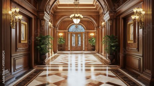 "Wooden-decorated corridor with an entrance hall. 3D rendering."