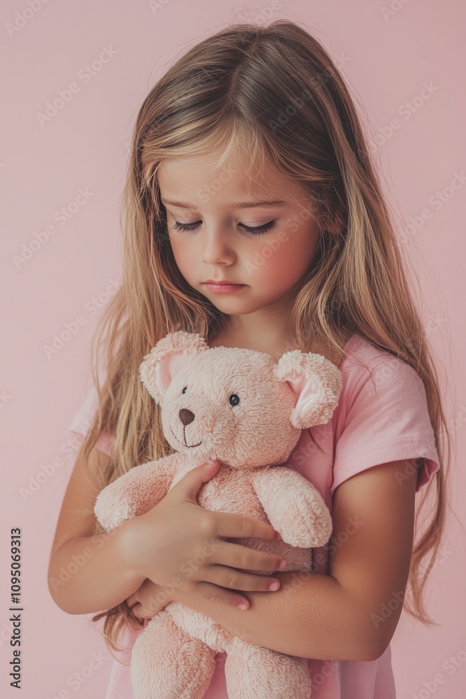 A young girl holding a stuffed toy, looking down with a sad expression, A young girl holding a stuffed toy, looking down with a sad expression,
