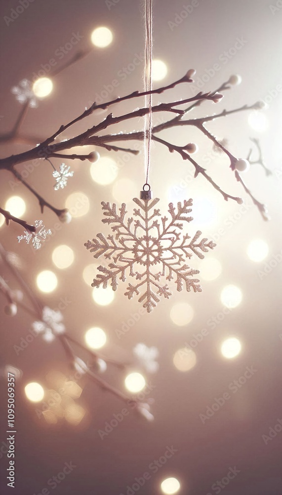 Close-up of a delicate snowflake ornament hanging from a branch, its intricate details shimmering under soft holiday lights Close-up of a delicate snowflake ornament hanging from a branch, its intricate details shimmering under soft holiday lights