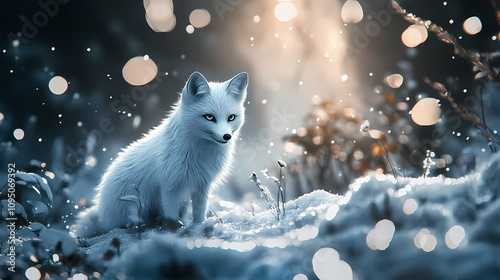 Arctic fox, white fur, stealthy predator, exploring icy caves, snowfall, 3d render, moonlit with shimmering ice reflections, depth of field bokeh effect. Pale Moonlit Fields. Illustration