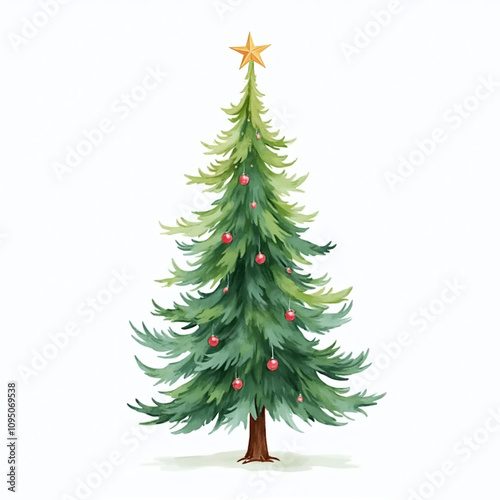 Christmas Tree, Illustration on White Background, Watercolor