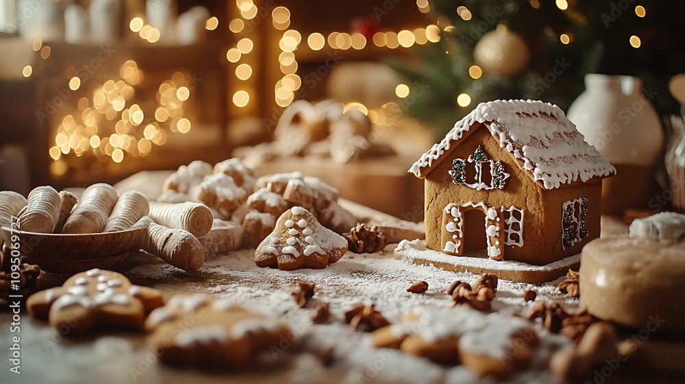 A festive holiday baking setup showing ginger powder, cloves, molasses, and sugar icing tubes, with gingerbread houses partially assembled and holiday lights twinkling in the background, hd quality, A festive holiday baking setup showing ginger powder, cloves, molasses, and sugar icing tubes, with gingerbread houses partially assembled and holiday lights twinkling in the background, hd quality,