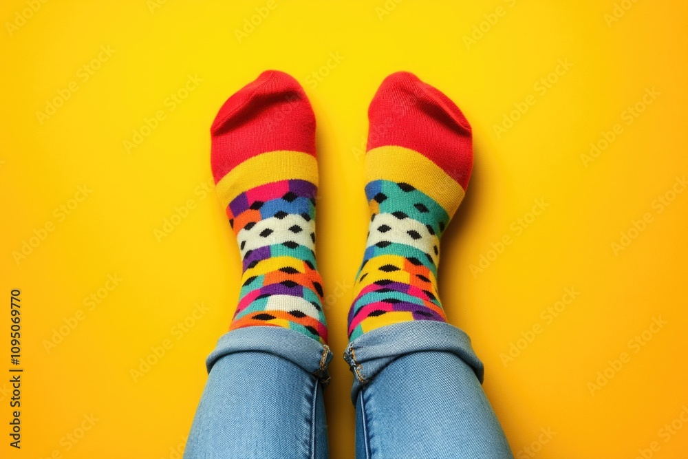 A person wearing vibrant socks and jeans against a bright yellow background