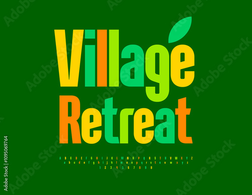 Vector touristic banner village Retreat. Uppercase Bright Font. Colorful set of Alphabet Letters and Numbers