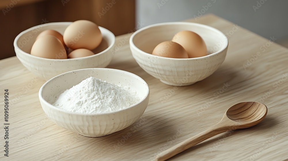 A harmonious flat lay of white bowls with flour, sugar, and eggs, positioned around a single wooden spoon on a light wood textured surface with soft lighting and a warm tone, hd quality, A harmonious flat lay of white bowls with flour, sugar, and eggs, positioned around a single wooden spoon on a light wood textured surface with soft lighting and a warm tone, hd quality,