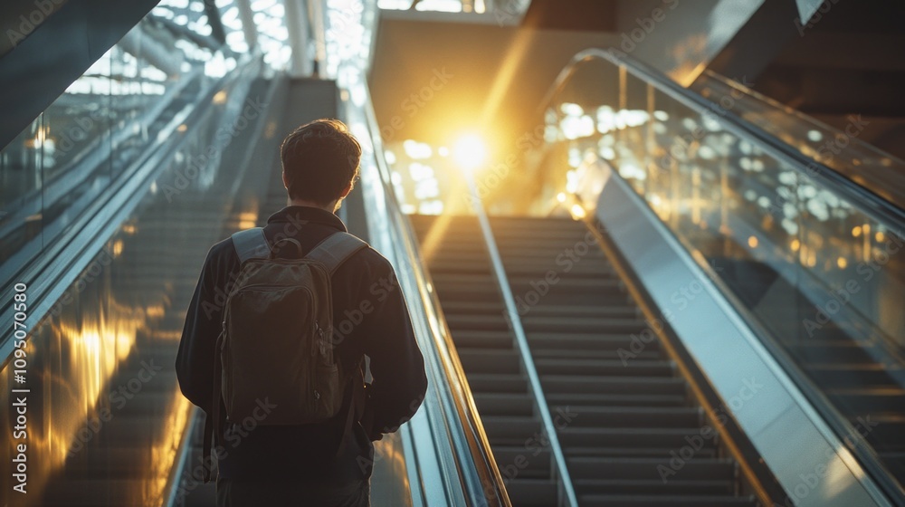 A person climbing an escalator while carrying a backpack, perfect for depicting travel or commuting scenes