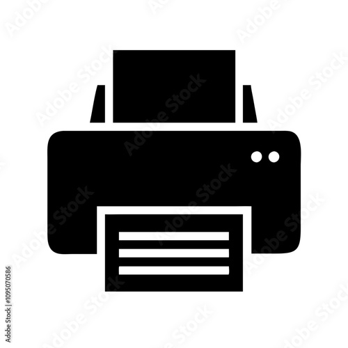 Minimalist black flat printer icon featuring a clean and modern design. The icon showcases a simplified silhouette of a printer, suitable for digital applications, websites, mobile a
