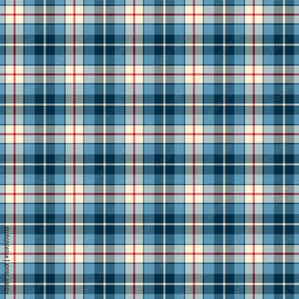 Plaid with twill weave repeat pattern.Checkered tartan gingham seamless pattern in blue beige red.Geometric graphic vector illustration background design for fabric and prints. Plaid with twill weave repeat pattern.Checkered tartan gingham seamless pattern in blue beige red.Geometric graphic vector illustration background design for fabric and prints.