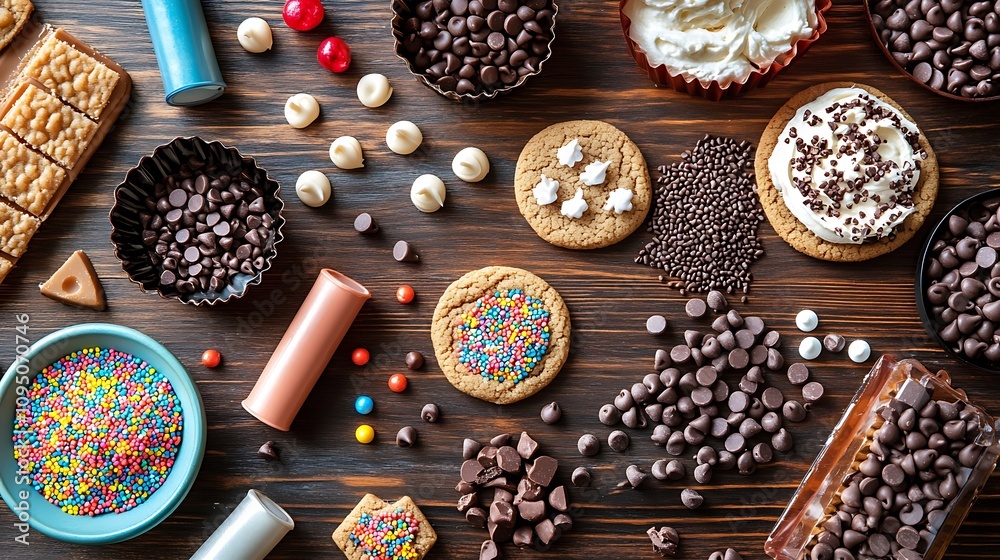 A lively overhead view of chocolate chips, sprinkles, brown sugar, and cookie cutters arranged with vibrant frosting tubes and partially decorated cookies on a rustic wooden table, A lively overhead view of chocolate chips, sprinkles, brown sugar, and cookie cutters arranged with vibrant frosting tubes and partially decorated cookies on a rustic wooden table,