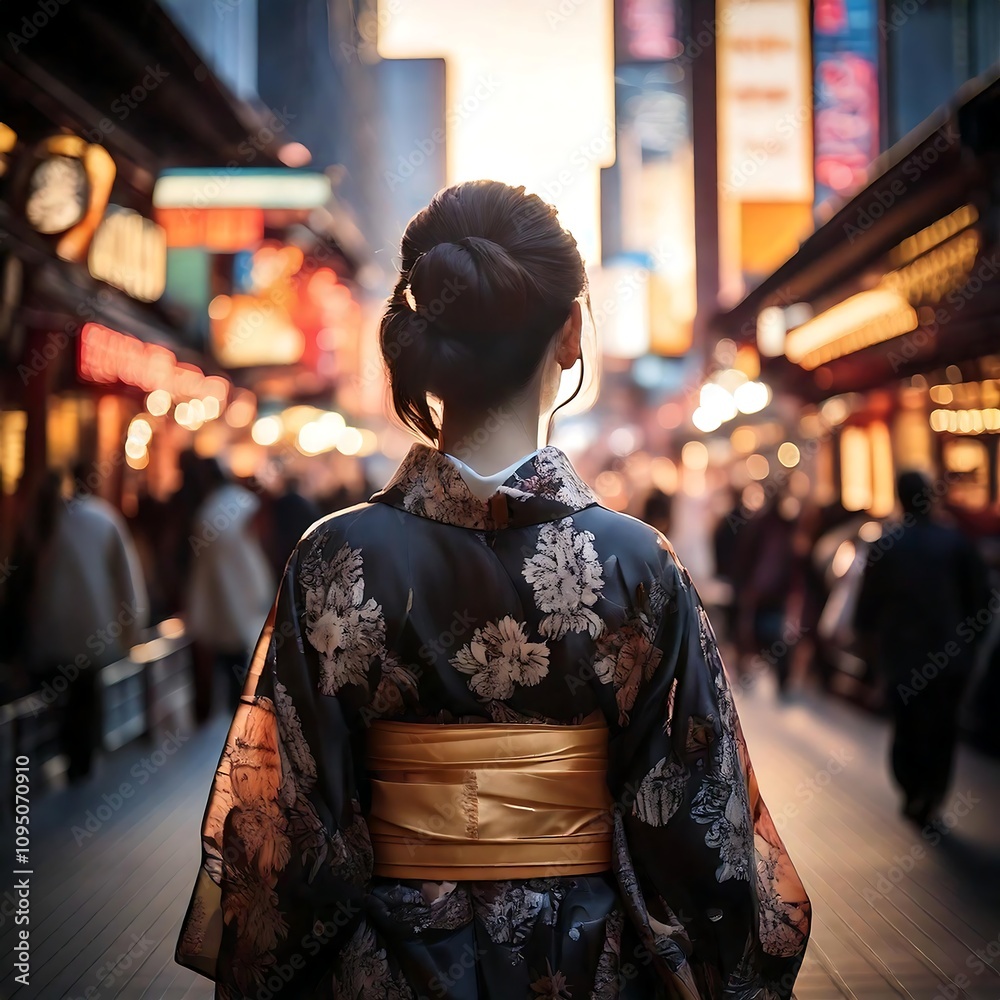 Japanese Women Use Yukata Uniform Walk On Shibuya Street Tokyo city, Generative AI