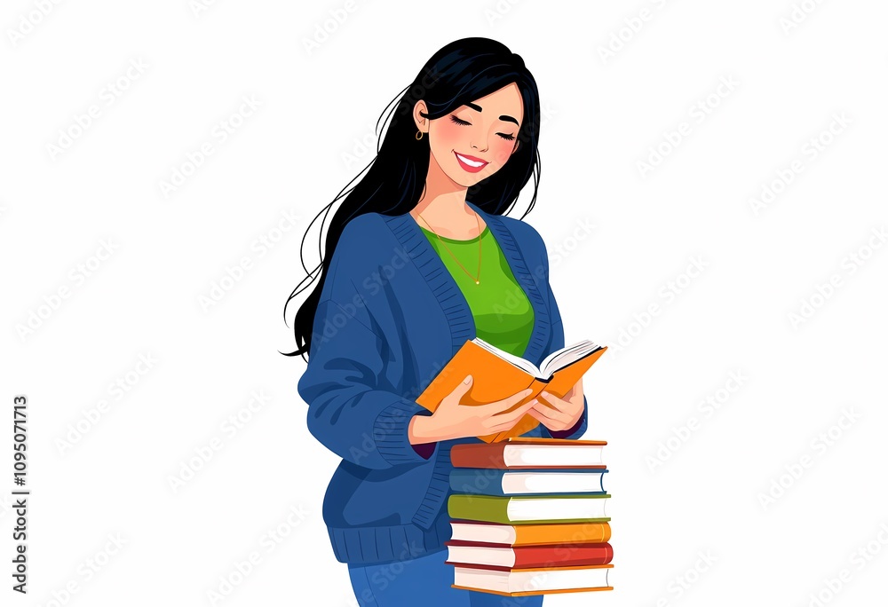 Smiling woman enjoys reading a book with a stack of books. Smiling woman enjoys reading a book with a stack of books.