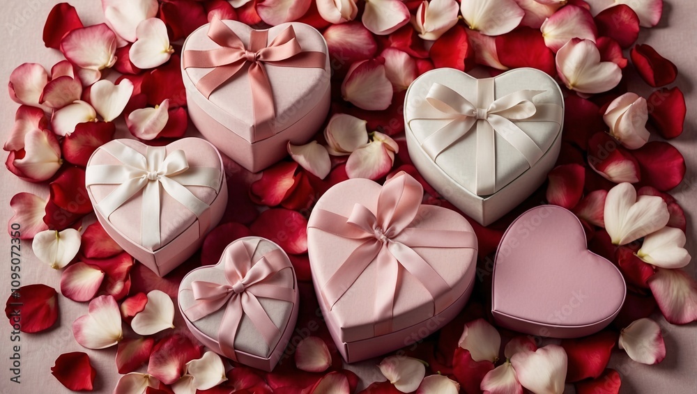Heart-Shaped Gift Boxes with Rose Petals on Romantic Fabric Heart-Shaped Gift Boxes with Rose Petals on Romantic Fabric