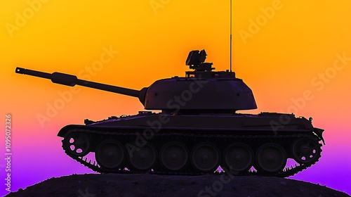 of a Tank at Sunrise : A silhouette of a tank stationed on a hill as the sun rises in the background. The orange and purple hues of the sky dominate the frame, leaving plenty of room for copy  photo