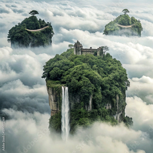 Lush green island floating in a sea of clouds, connected to other islands by fragile stone bridges and waterfalls cascade from the islands, disappearing into the clouds below.