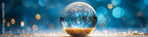 magic ball in blurred background shiny blue and golden texture glowing glass sphere glitterin bokeh banner with copy space for text photo