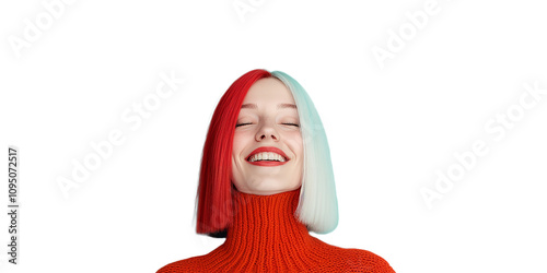 Woman with creative red and teal tones coloring hair. Bright color hair , professional. Hair Trend. PNG.