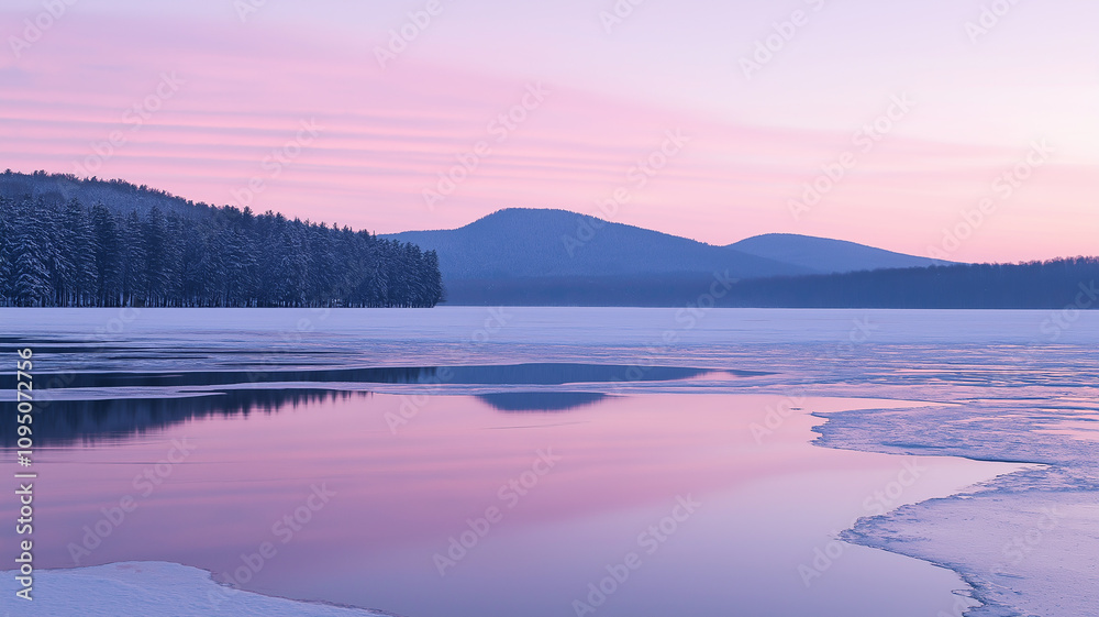Fototapeta premium Frozen lake reflecting a pink winter sunrise, snow covered mountains in the distance