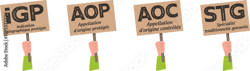 AOP, appellation d'origine protégée - AOC, appellation d'origine contrôlée - IGP, indication géographique protégée - STG, spécialité traditionnnelle garantie